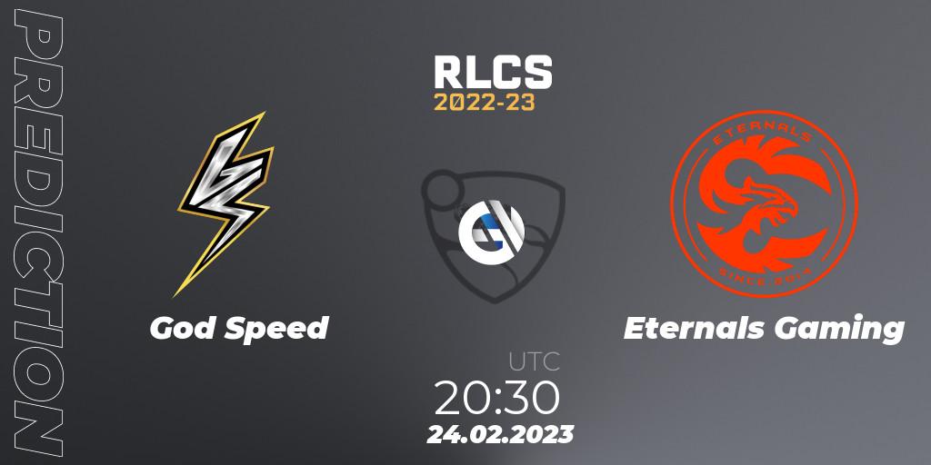 Pronósticos God Speed - Eternals Gaming. 24.02.2023 at 20:30. RLCS 2022-23 - Winter: South America Regional 3 - Winter Invitational - Rocket League
