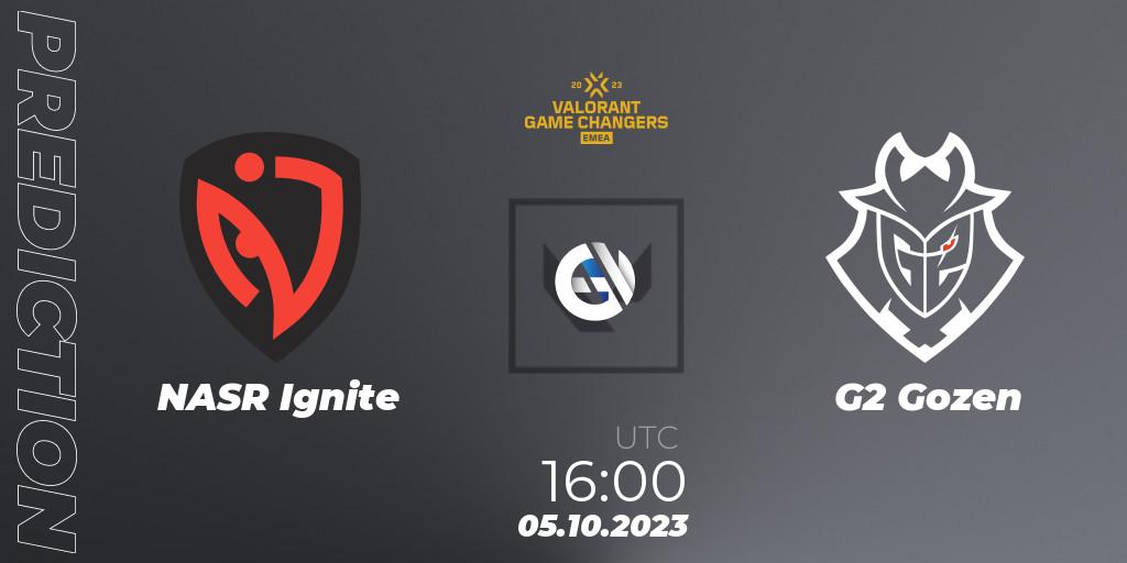 Pronósticos NASR Ignite - G2 Gozen. 05.10.2023 at 16:00. VCT 2023: Game Changers EMEA Stage 3 - Playoffs - VALORANT