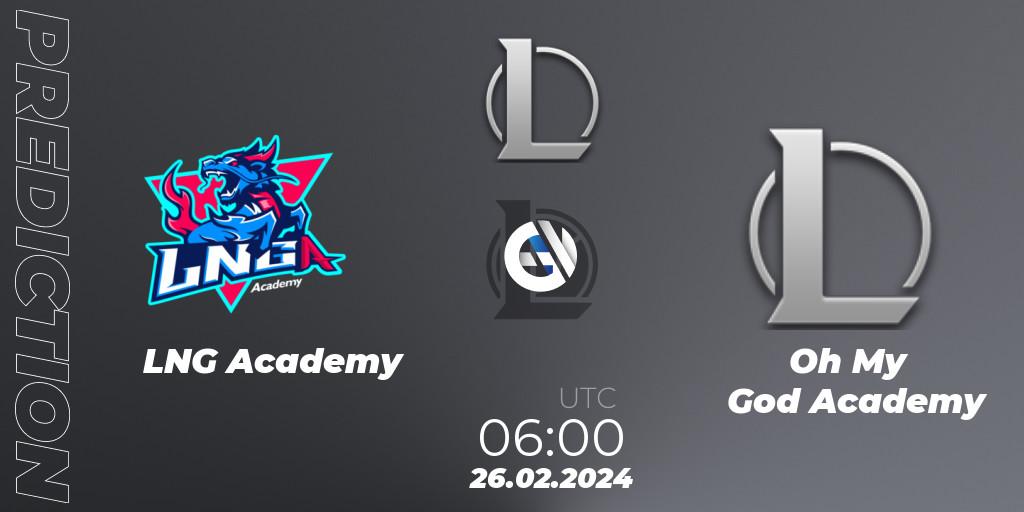 Pronósticos LNG Academy - Oh My God Academy. 26.02.2024 at 06:00. LDL 2024 - Stage 1 - LoL