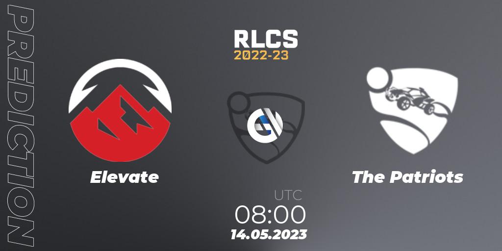 Pronósticos Elevate - The Patriots. 14.05.2023 at 08:00. RLCS 2022-23 - Spring: Asia-Pacific Regional 1 - Spring Open - Rocket League