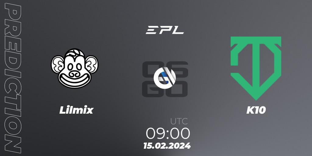 Pronósticos Lilmix - K10. 15.02.2024 at 09:00. European Pro League Season 15: Division 2 - Counter-Strike (CS2)
