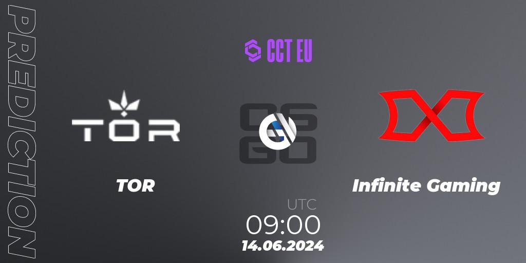 Pronósticos TOR - Infinite Gaming. 14.06.2024 at 09:00. CCT Season 2 European Series #6 Play-In - Counter-Strike (CS2)