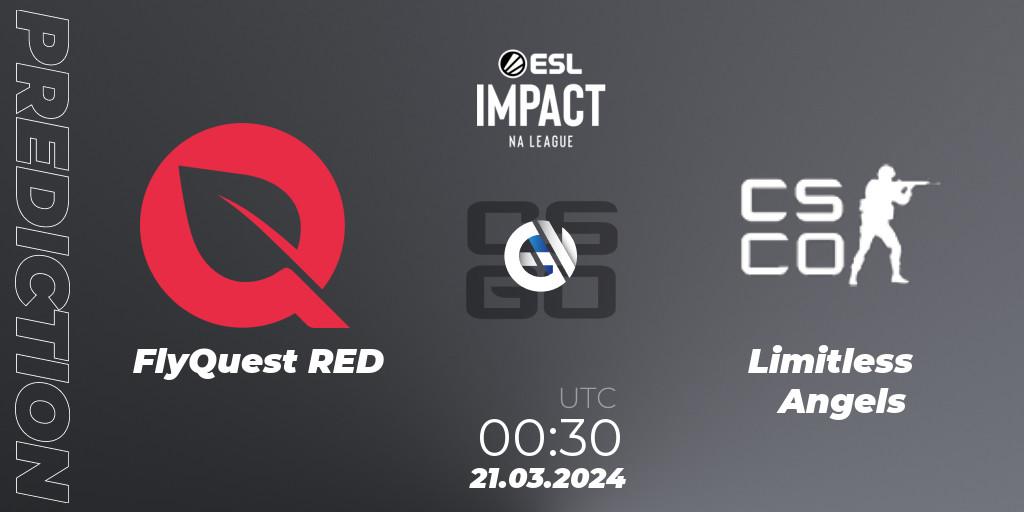 Pronósticos FlyQuest RED - Limitless Angels. 21.03.2024 at 00:30. ESL Impact League Season 5: North America - Counter-Strike (CS2)