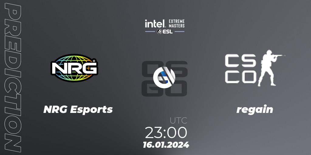 Pronósticos NRG Esports - regain. 16.01.2024 at 23:05. Intel Extreme Masters China 2024: North American Open Qualifier #1 - Counter-Strike (CS2)