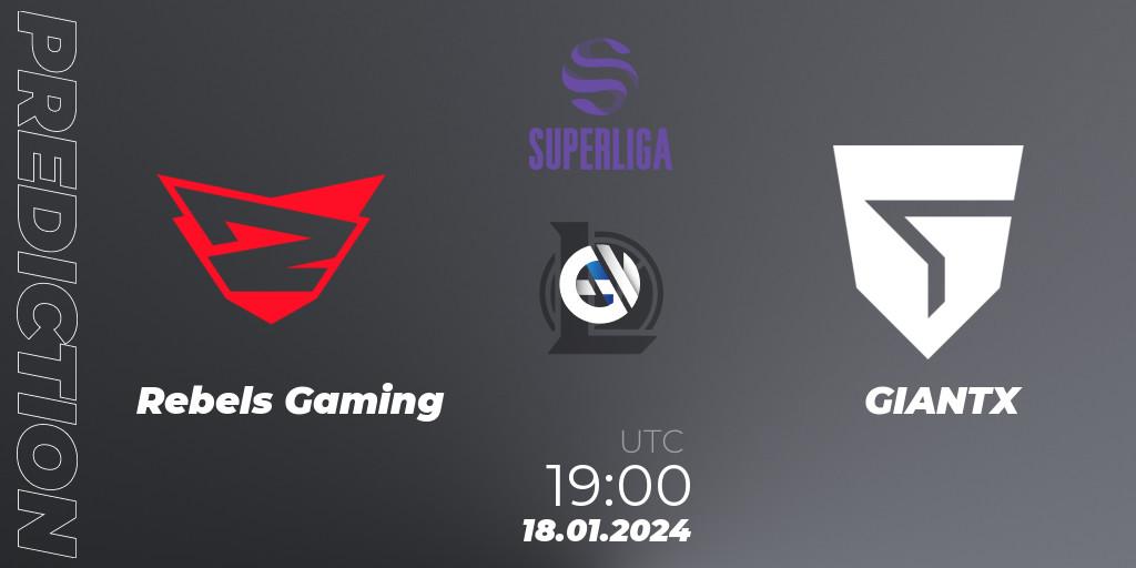 Pronósticos Rebels Gaming - GIANTX Academy. 18.01.2024 at 19:00. Superliga Spring 2024 - Group Stage - LoL