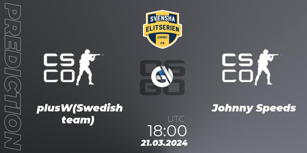 Pronósticos plusW(Swedish team) - Johnny Speeds. 21.03.2024 at 20:10. Svenska Elitserien Spring 2024 - Counter-Strike (CS2)