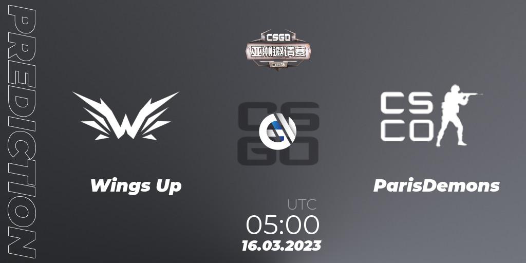 Pronósticos Wings Up - ParisDemons. 16.03.2023 at 05:00. Baidu Cup Invitational #2 - Counter-Strike (CS2)