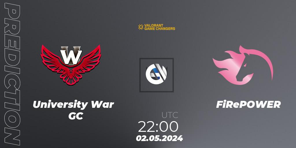 Pronósticos University War GC - FiRePOWER. 02.05.2024 at 22:00. VCT 2024: Game Changers LAS - Opening - VALORANT