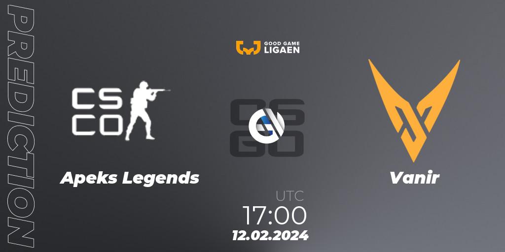 Pronósticos Apeks Legends - Vanir. 12.02.2024 at 17:00. Good Game-ligaen Spring 2024 - Counter-Strike (CS2)