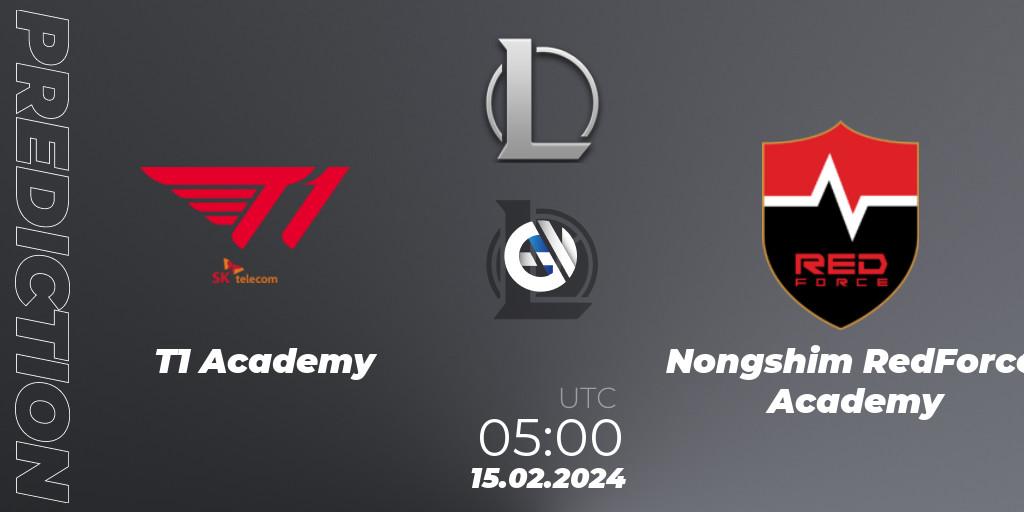 Pronósticos T1 Academy - Nongshim RedForce Academy. 15.02.2024 at 05:00. LCK Challengers League 2024 Spring - Group Stage - LoL