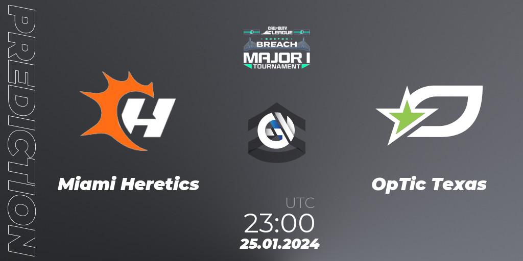 Pronósticos Miami Heretics - OpTic Texas. 25.01.2024 at 23:15. Call of Duty League 2024: Stage 1 Major - Call of Duty