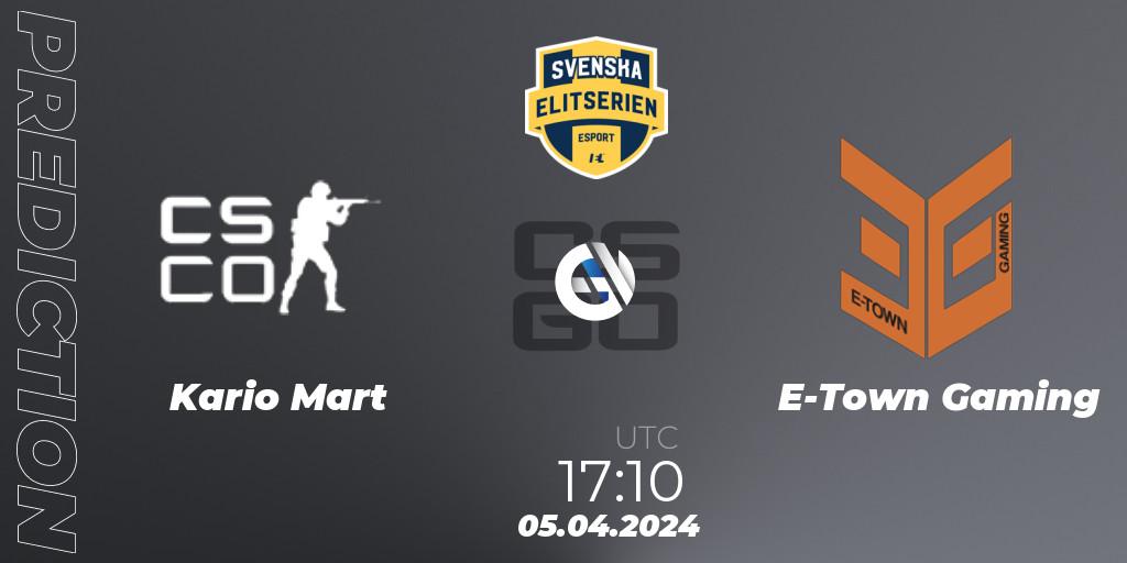 Pronósticos Kario Mart - E-Town Gaming. 05.04.2024 at 17:10. Svenska Elitserien Spring 2024 - Counter-Strike (CS2)