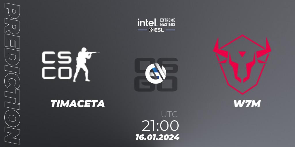 Pronósticos TIMACETA - W7M. 16.01.2024 at 21:10. Intel Extreme Masters China 2024: South American Open Qualifier #2 - Counter-Strike (CS2)