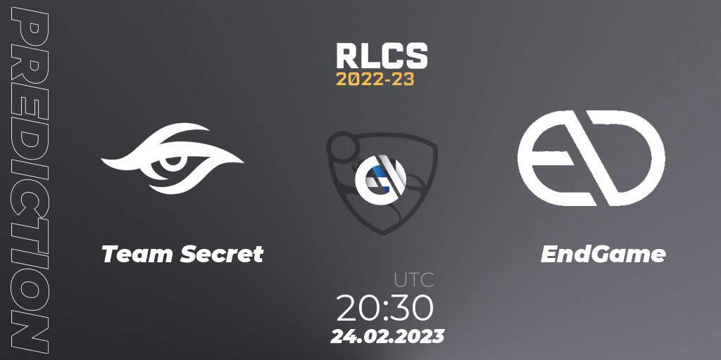 Pronósticos Team Secret - EndGame. 24.02.2023 at 20:30. RLCS 2022-23 - Winter: South America Regional 3 - Winter Invitational - Rocket League