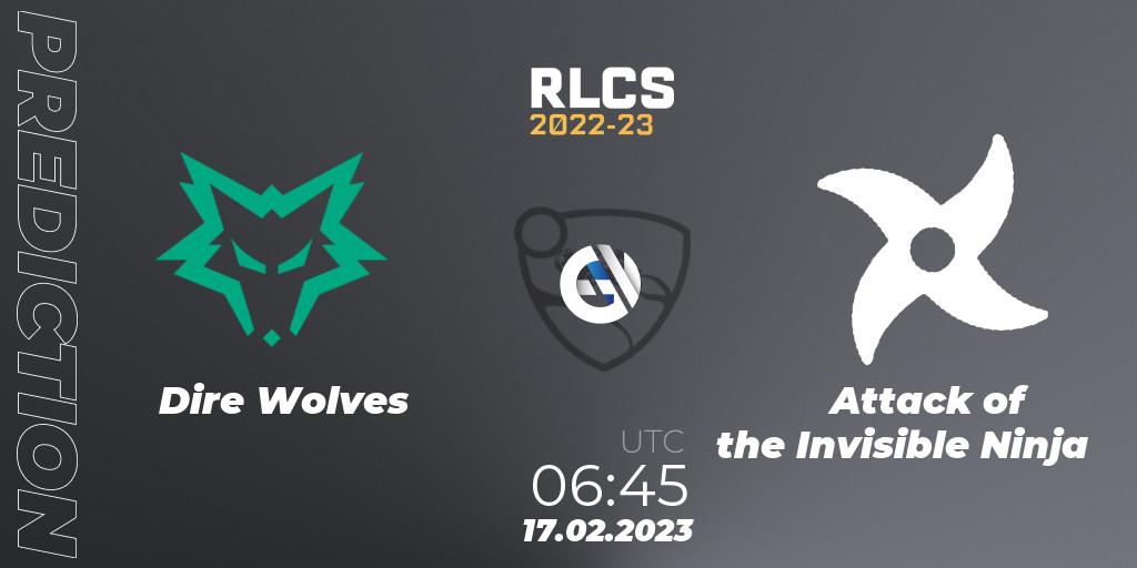 Pronósticos Dire Wolves - Attack of the Invisible Ninja. 17.02.2023 at 06:45. RLCS 2022-23 - Winter: Oceania Regional 2 - Winter Cup - Rocket League