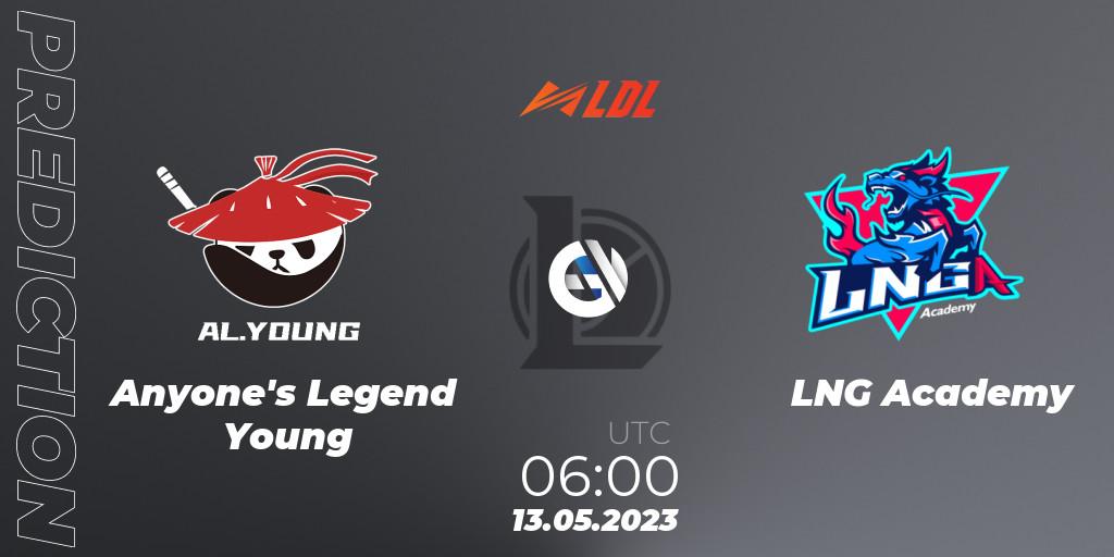 Pronósticos Anyone's Legend Young - LNG Academy. 13.05.2023 at 06:00. LDL 2023 - Regular Season - Stage 2 - LoL