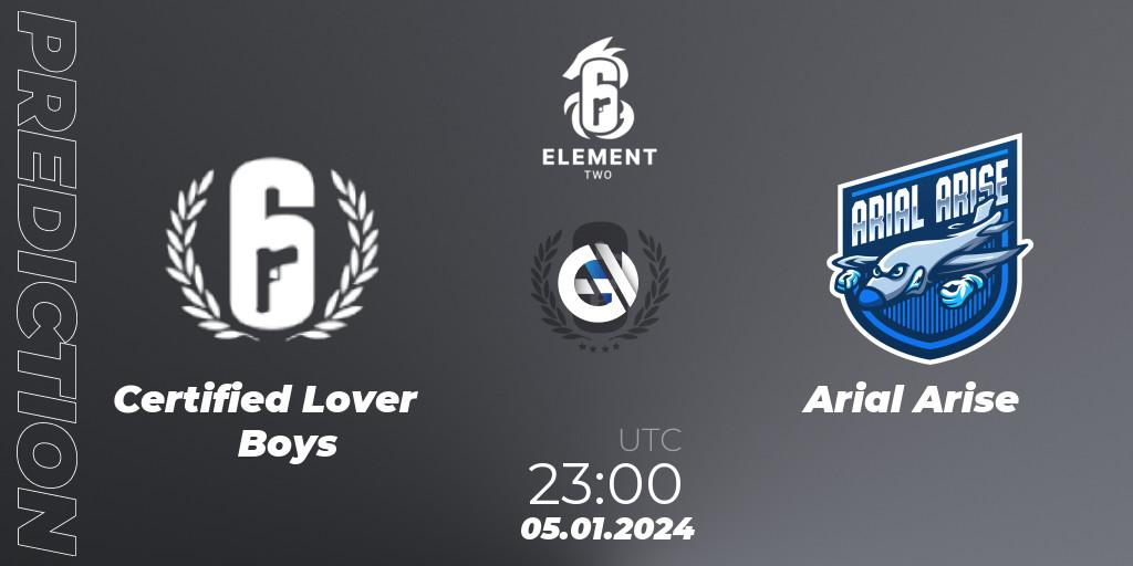 Pronósticos Certified Lover Boys - Arial Arise. 05.01.2024 at 23:00. ELEMENT TWO - Rainbow Six