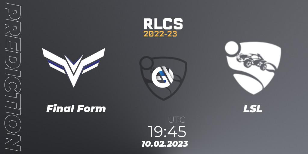 Pronósticos Final Form - LSL. 10.02.2023 at 19:45. RLCS 2022-23 - Winter: South America Regional 2 - Winter Cup - Rocket League