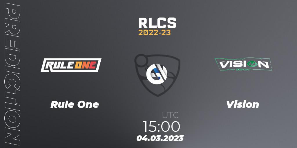 Pronósticos Rule One - Vision. 04.03.2023 at 15:00. RLCS 2022-23 - Winter: Middle East and North Africa Regional 3 - Winter Invitational - Rocket League