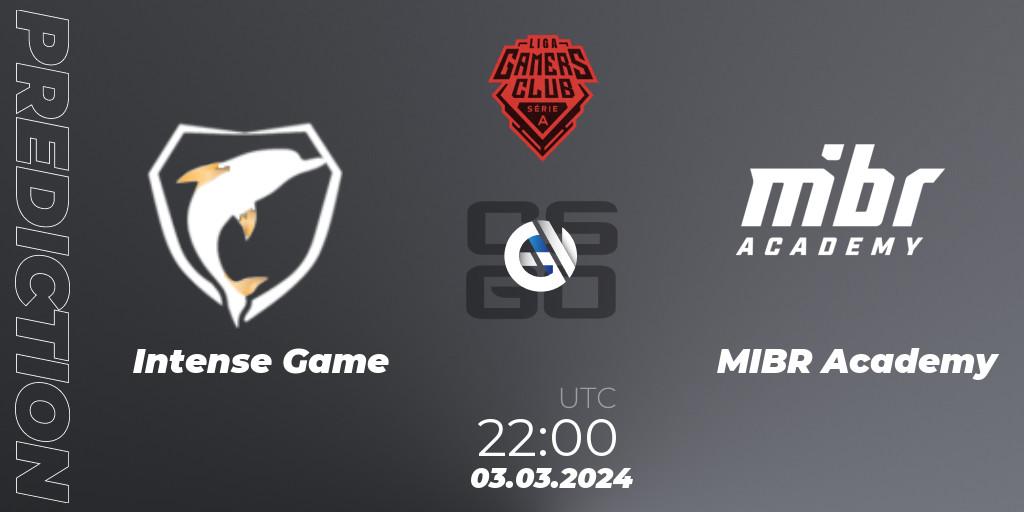 Pronósticos Intense Game - MIBR Academy. 03.03.2024 at 22:00. Gamers Club Liga Série A: February 2024 - Counter-Strike (CS2)