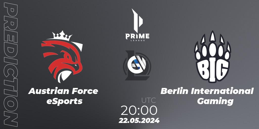 Pronósticos Austrian Force eSports - Berlin International Gaming. 22.05.2024 at 20:00. Prime League Summer 2024 - LoL
