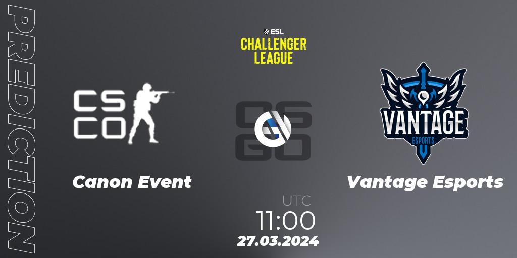 Pronósticos Canon Event - Vantage Esports. 27.03.2024 at 11:00. ESL Challenger League Season 47: Oceania - Counter-Strike (CS2)