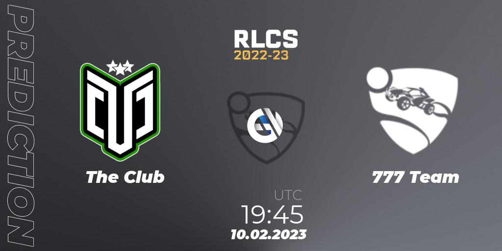 Pronósticos The Club - 777 Team. 10.02.2023 at 19:45. RLCS 2022-23 - Winter: South America Regional 2 - Winter Cup - Rocket League
