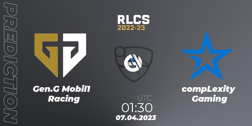 Pronósticos Gen.G Mobil1 Racing - compLexity Gaming. 07.04.2023 at 00:05. RLCS 2022-23 - Winter Split Major - Rocket League