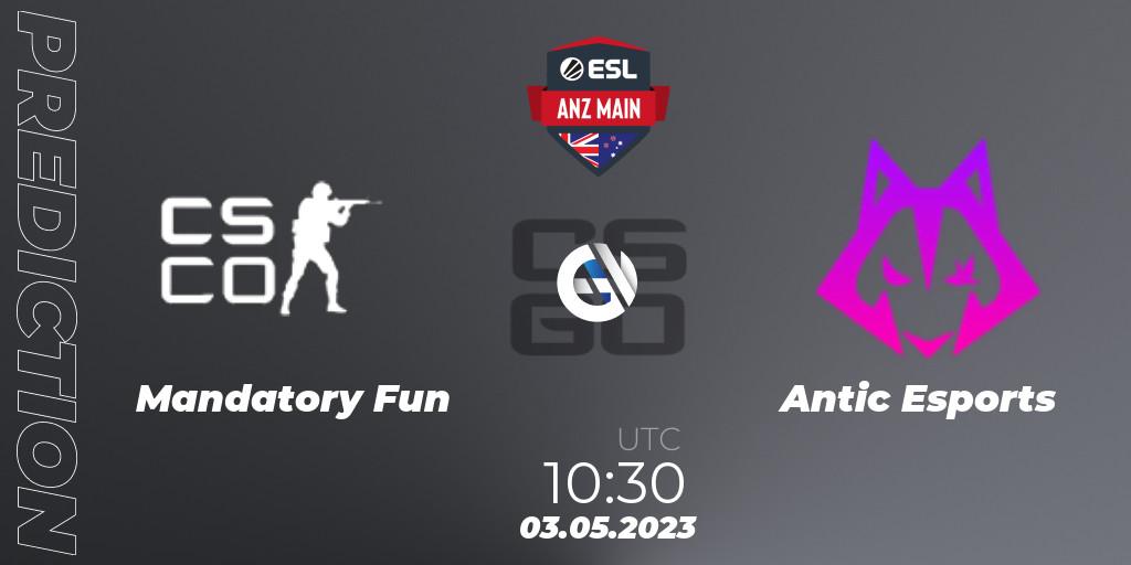 Pronósticos Mandatory Fun - Antic Esports. 03.05.2023 at 10:30. ESL ANZ Main Season 16 - Counter-Strike (CS2)