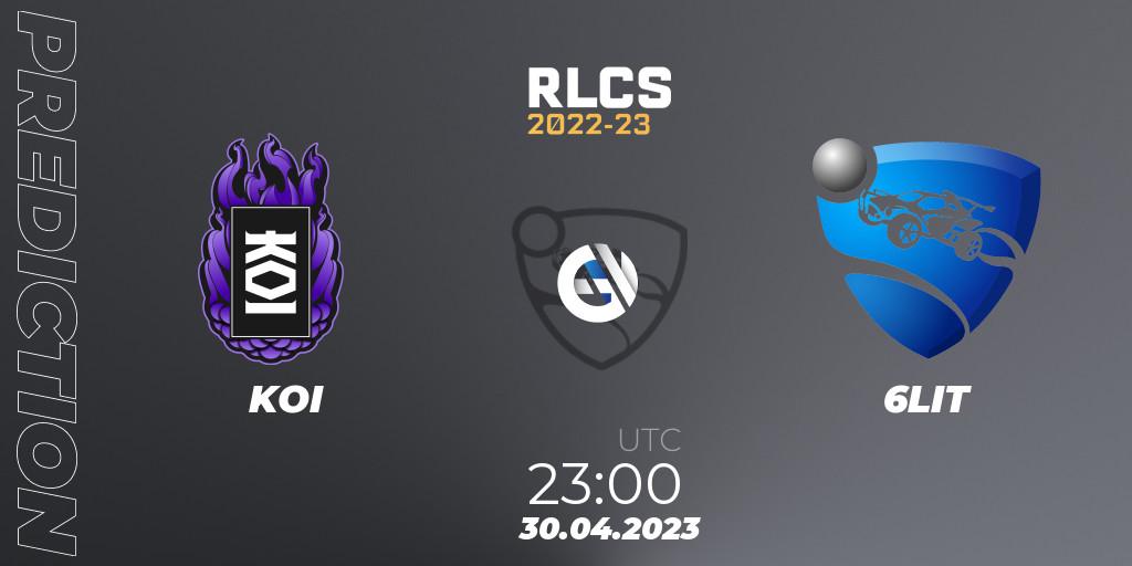 Pronósticos KOI - 6LIT. 30.04.2023 at 23:00. RLCS 2022-23 - Spring: North America Regional 1 - Spring Open: Closed Qualifier - Rocket League