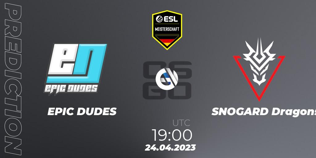 Pronósticos EPIC DUDES - SNOGARD Dragons. 24.04.2023 at 19:00. ESL Meisterschaft: Spring 2023 - Counter-Strike (CS2)
