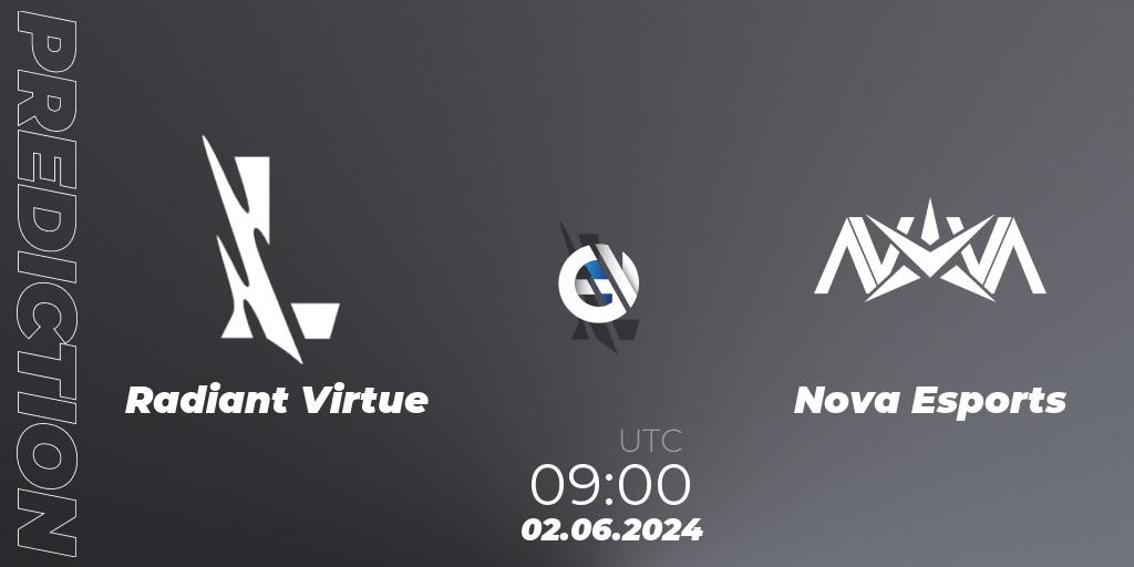 Pronósticos Radiant Virtue - Nova Esports. 02.06.2024 at 09:00. Wild Rift Super League Summer 2024 - 5v5 Tournament Group Stage - Wild Rift
