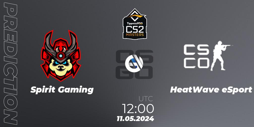 Pronósticos Spirit Gaming - HeatWave eSport. 11.05.2024 at 16:00. TippmixPro Masters Spring 2024: Online Stage - Counter-Strike (CS2)