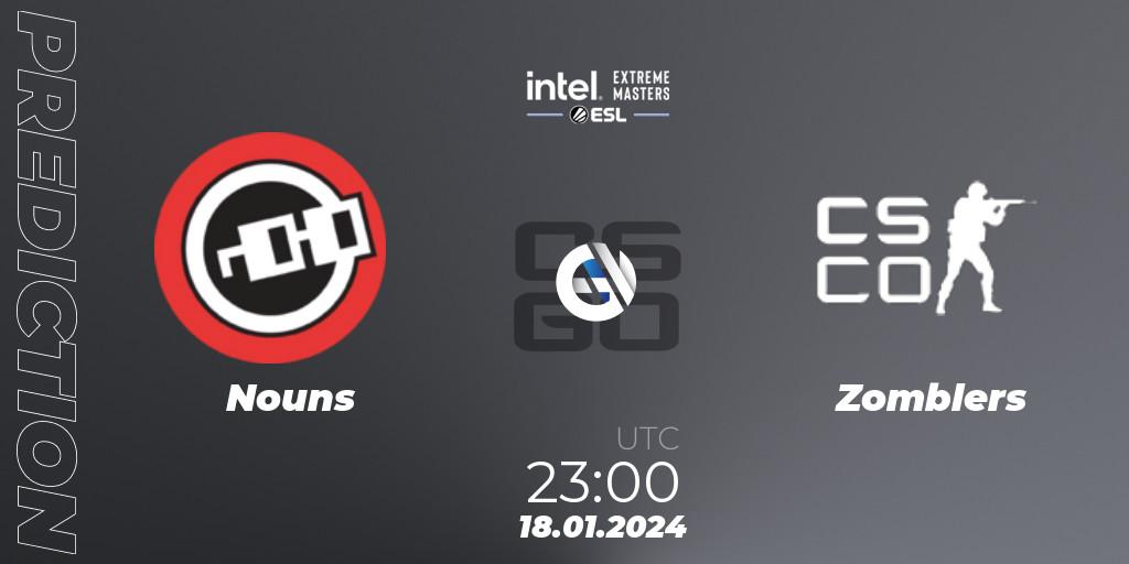 Pronósticos Nouns - Zomblers. 18.01.2024 at 23:00. Intel Extreme Masters China 2024: North American Open Qualifier #2 - Counter-Strike (CS2)