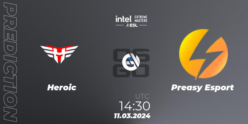 Pronósticos Heroic - Preasy Esport. 11.03.2024 at 14:30. Intel Extreme Masters Dallas 2024: European Closed Qualifier - Counter-Strike (CS2)