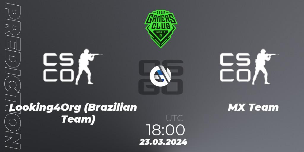 Pronósticos Looking4Org (Brazilian Team) - MX Team. 23.03.2024 at 18:00. Gamers Club Liga Série B: March 2024 - Counter-Strike (CS2)