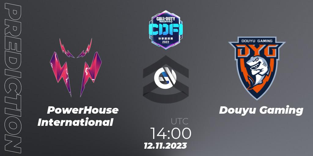 Pronósticos PowerHouse International - Douyu Gaming. 12.11.2023 at 12:30. CODM Fall Invitational 2023 - Call of Duty