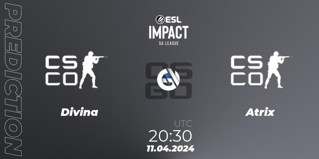Pronósticos Divina - Atrix. 11.04.2024 at 20:30. ESL Impact League Season 5: South America - Counter-Strike (CS2)