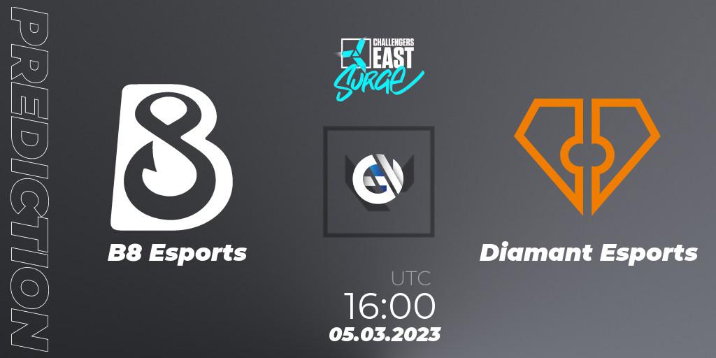 Pronósticos B8 Esports - Diamant Esports. 05.03.2023 at 16:15. VALORANT Challengers 2023 East: Surge Split 1 - VALORANT