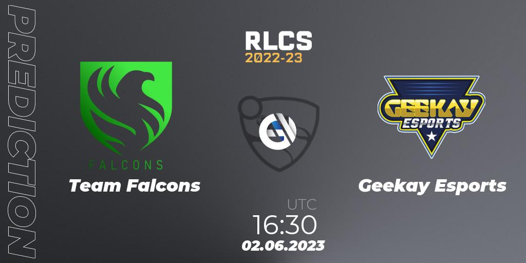 Pronósticos Team Falcons - Geekay Esports. 02.06.2023 at 16:20. RLCS 2022-23 - Spring: Middle East and North Africa Regional 3 - Spring Invitational - Rocket League