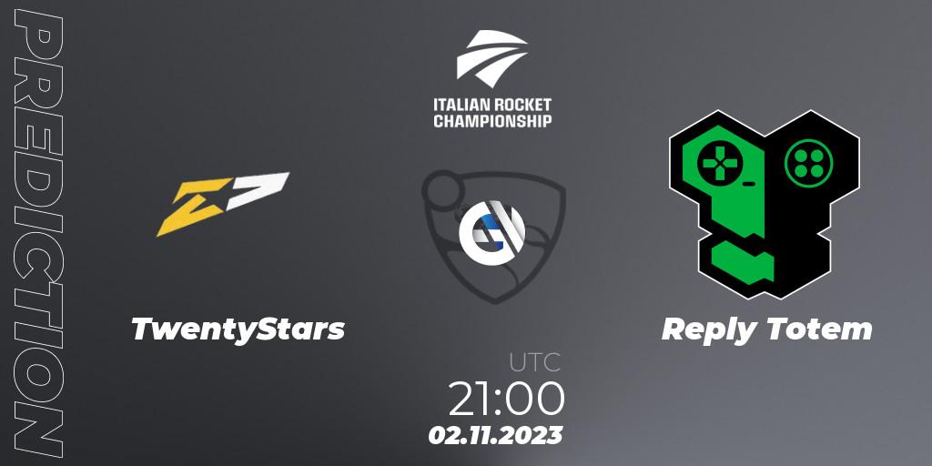Pronósticos TwentyStars - Reply Totem. 02.11.2023 at 21:00. Italian Rocket Championship Season 11Serie A Relegation - Rocket League