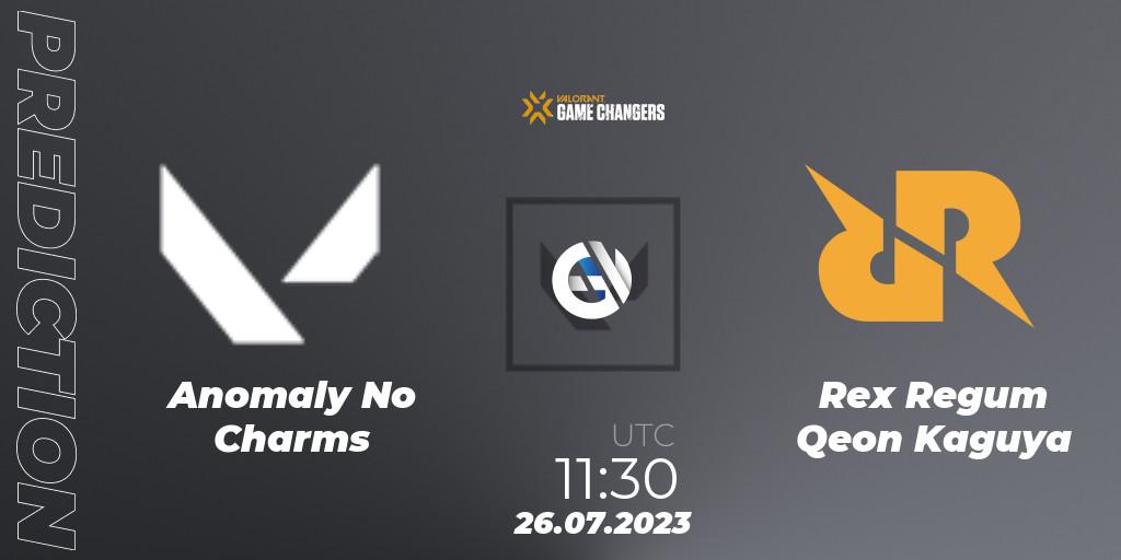 Pronósticos Anomaly No Charms - Rex Regum Qeon Kaguya. 26.07.2023 at 11:30. VCT 2023: Game Changers APAC Open 3 - VALORANT