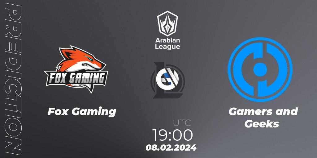 Pronósticos Fox Gaming - Gamers and Geeks. 08.02.2024 at 19:00. Arabian League Spring 2024 - LoL