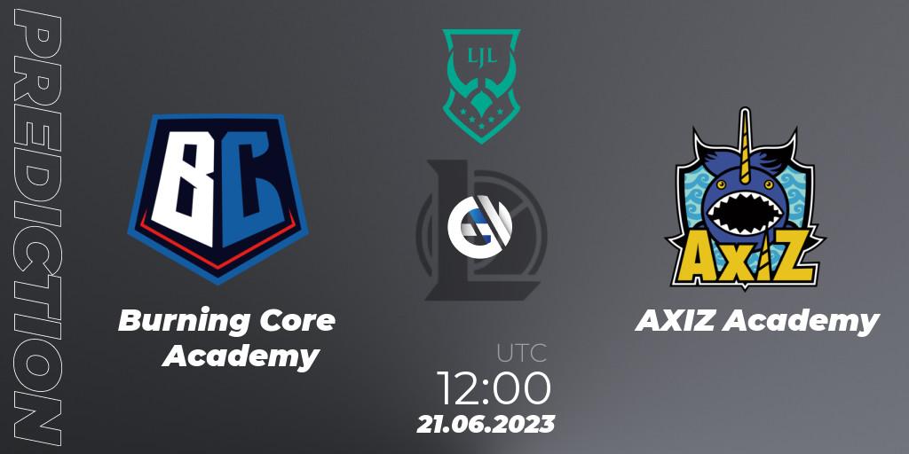 Pronósticos Burning Core Academy - AXIZ Academy. 21.06.2023 at 12:00. LJL Academy 2023 - Group Stage - LoL