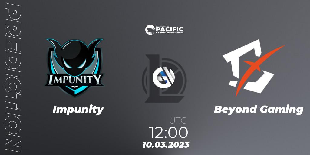 Pronósticos Impunity - Beyond Gaming. 10.03.2023 at 12:15. PCS Spring 2023 - Group Stage - LoL