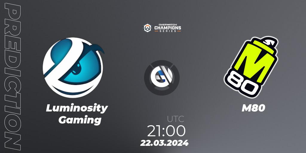 Pronósticos Luminosity Gaming - M80. 22.03.2024 at 21:00. Overwatch Champions Series 2024 - North America Stage 1 Main Event - Overwatch