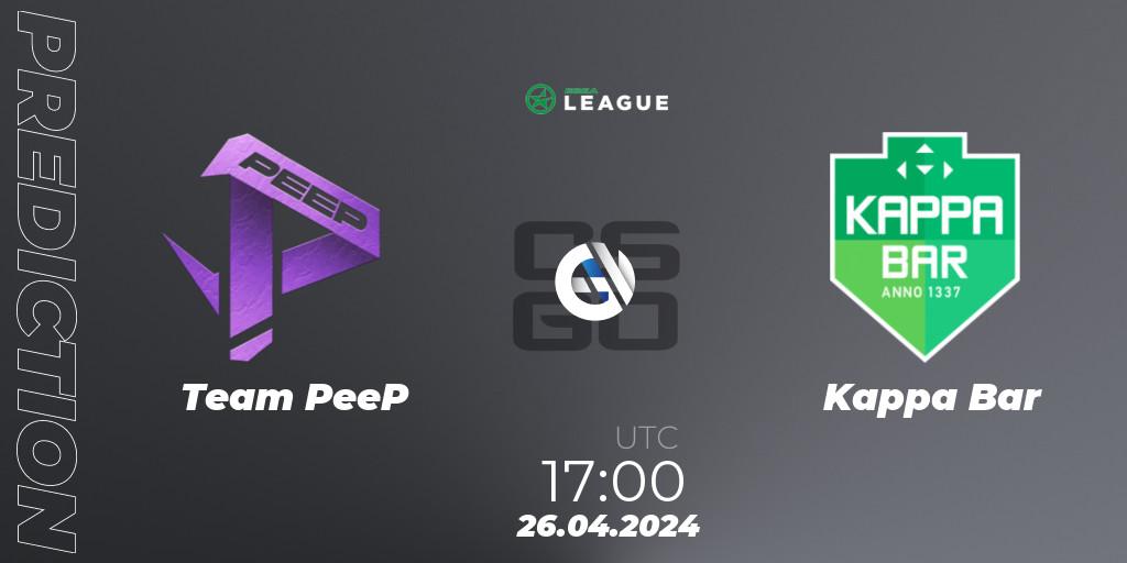 Pronósticos Team PeeP - Kappa Bar. 26.04.2024 at 17:00. ESEA Season 49: Advanced Division - Europe - Counter-Strike (CS2)