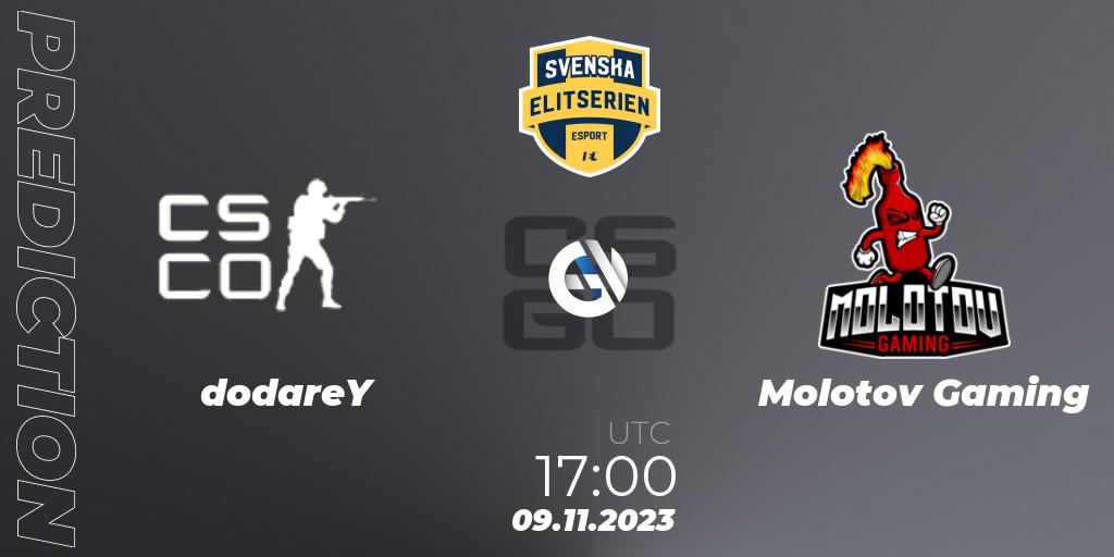 Pronósticos dodareY - Molotov Gaming. 09.11.2023 at 17:00. Svenska Elitserien Fall 2023: Online Stage - Counter-Strike (CS2)
