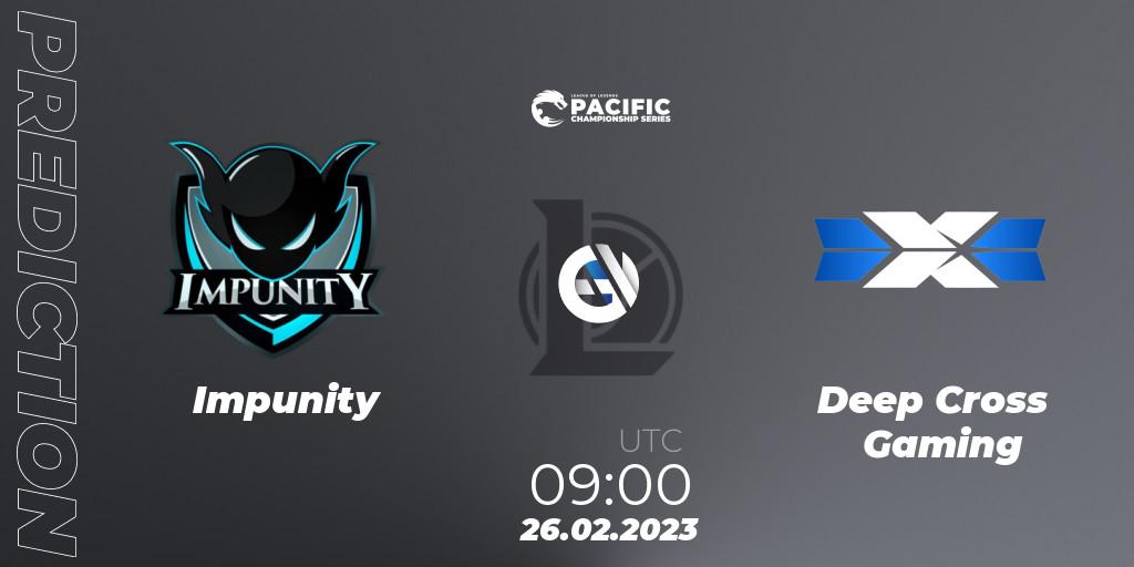 Pronósticos Impunity - Deep Cross Gaming. 26.02.2023 at 09:00. PCS Spring 2023 - Group Stage - LoL