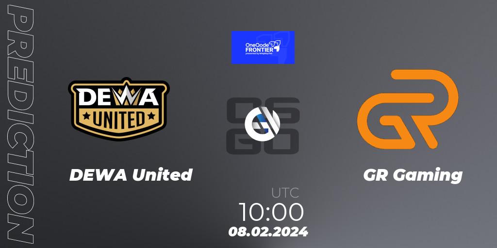 Pronósticos DEWA United - GR Gaming. 08.02.2024 at 10:00. OneQode Frontier - Counter-Strike (CS2)